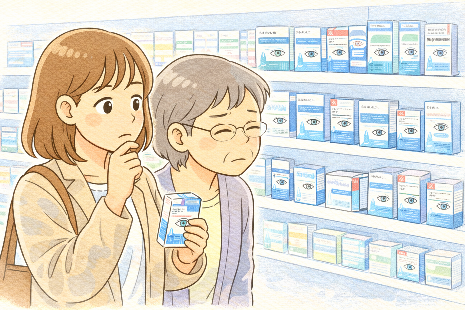 緑内障の方が薬剤師に花粉症の目薬を相談するイラスト