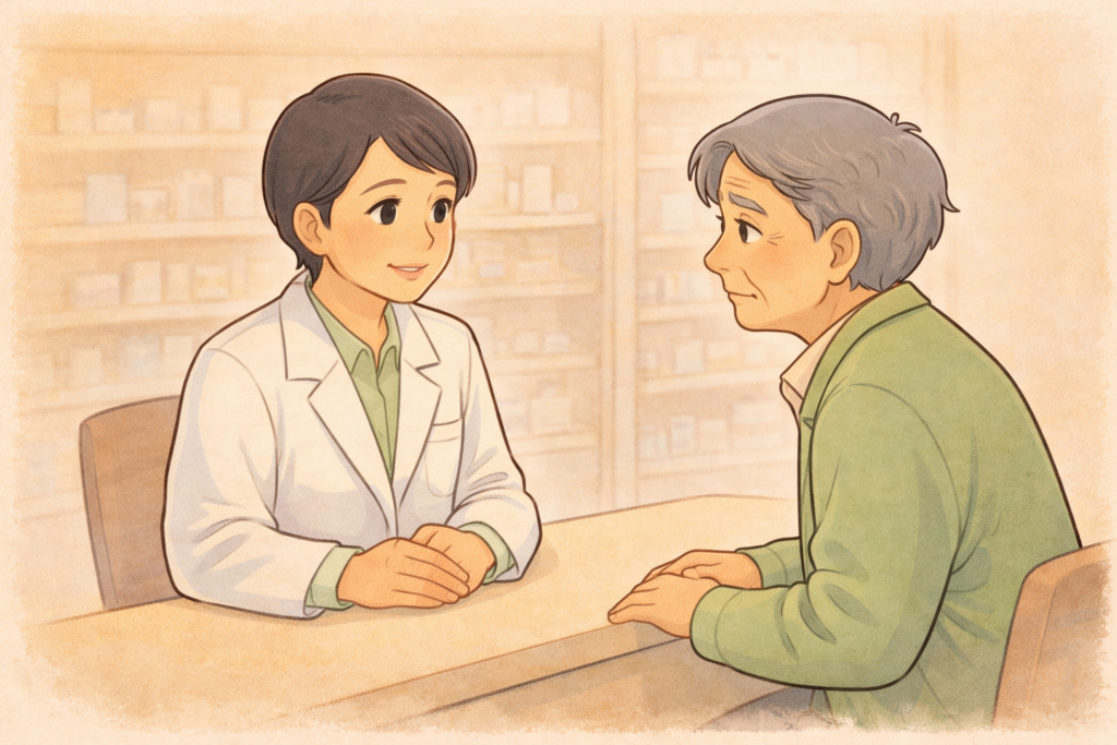 70代の男性高齢者が薬局カウンターで白衣の薬剤師に持病に合わせたかゆみ止めの選び方を相談している様子のイラスト