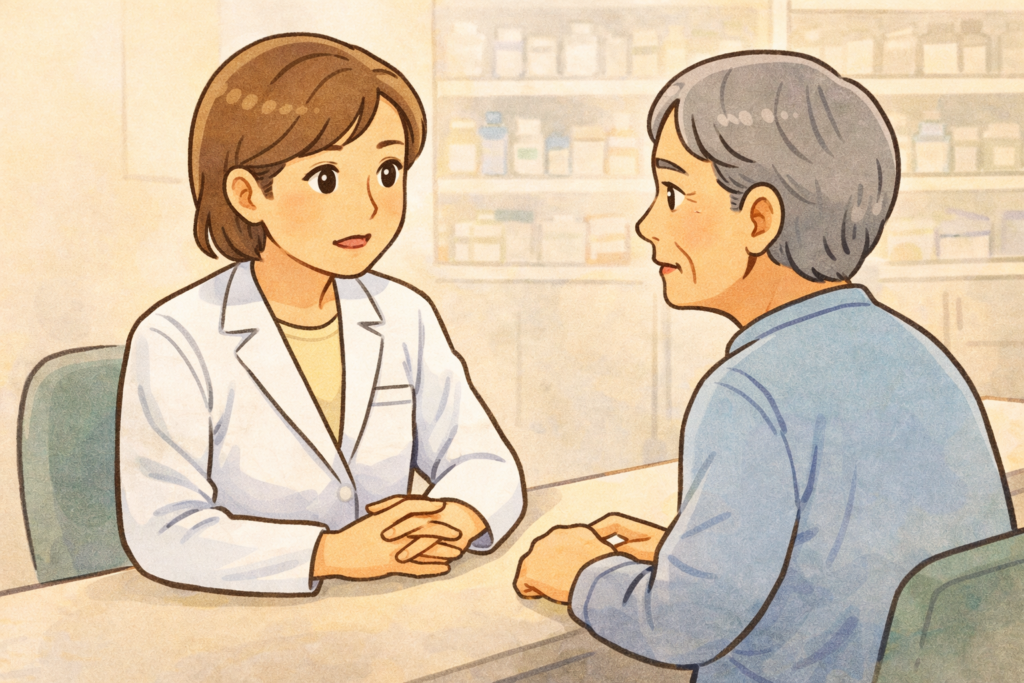 70代の高齢者が薬局カウンターで白衣の薬剤師に薬の飲み合わせについて相談している様子のイラスト