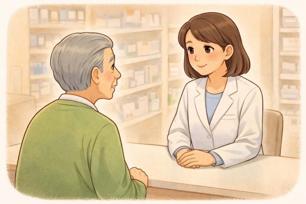 70代の高齢者が薬局カウンターで白衣の薬剤師に胃薬について相談している様子のイラスト