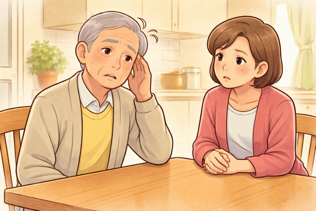 70代の高齢者がぼんやりした様子でテーブルに座り、50代の家族が心配そうに寄り添っているイラスト