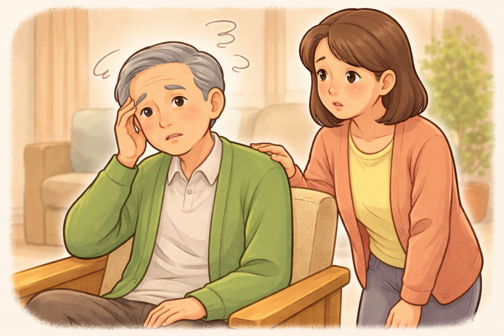 70代の高齢者がぼんやりした様子で椅子に座り、50代の家族が心配そうに見守っているイラスト
