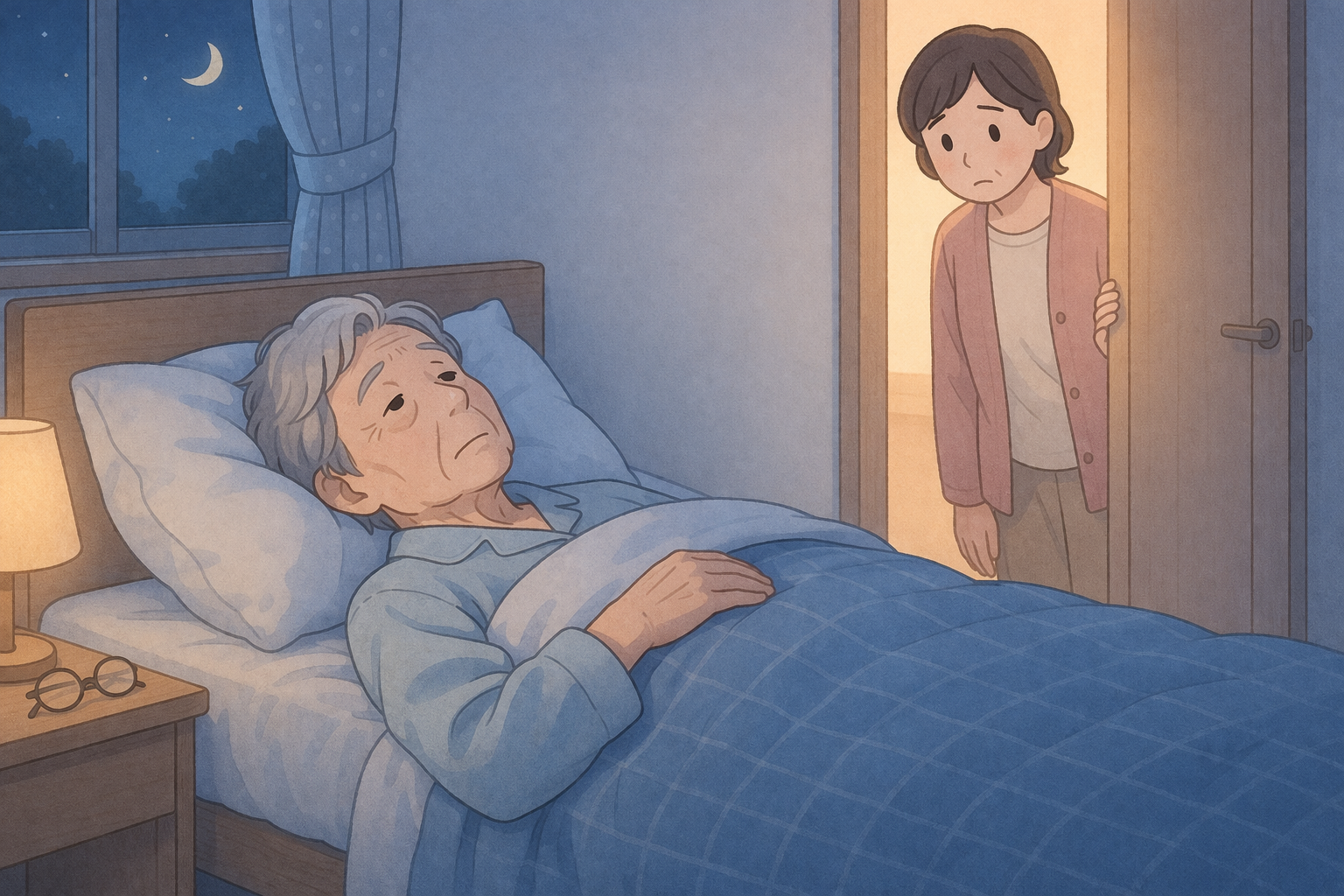 夜眠れない高齢者と心配する家族のイラスト