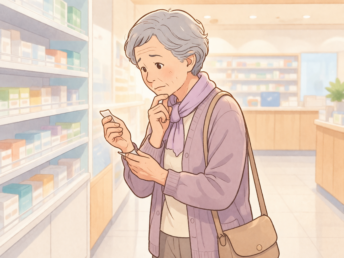 高齢女性が薬局の棚の前で市販薬の注意書きを確認しながら考えているイラスト