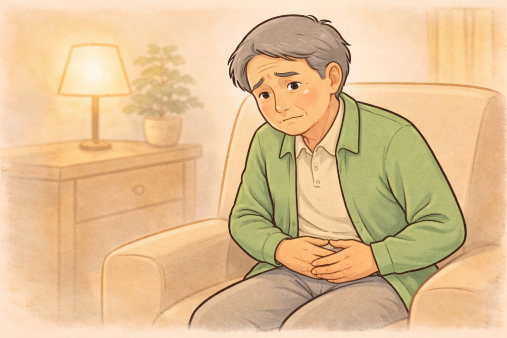 70代の男性高齢者が椅子に座り下腹部の不快感を感じながら心配そうな表情をしているイラスト