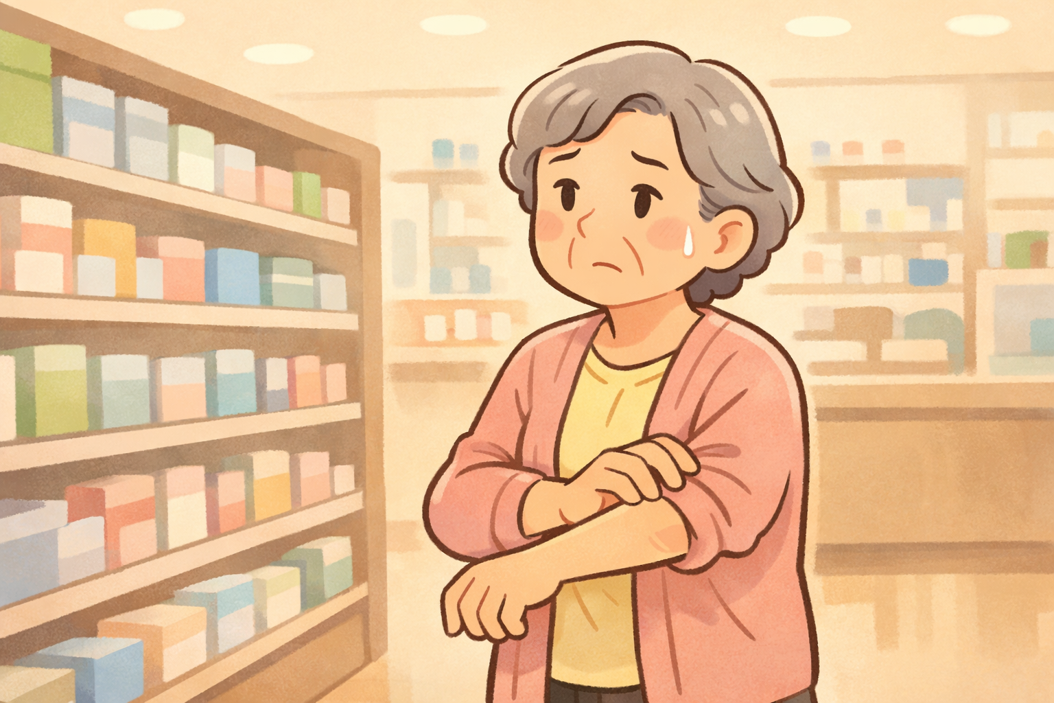 70代の高齢者がドラッグストアの棚の前で腕のかゆみに悩みながらどの薬を選ぶか迷っている様子のイラスト