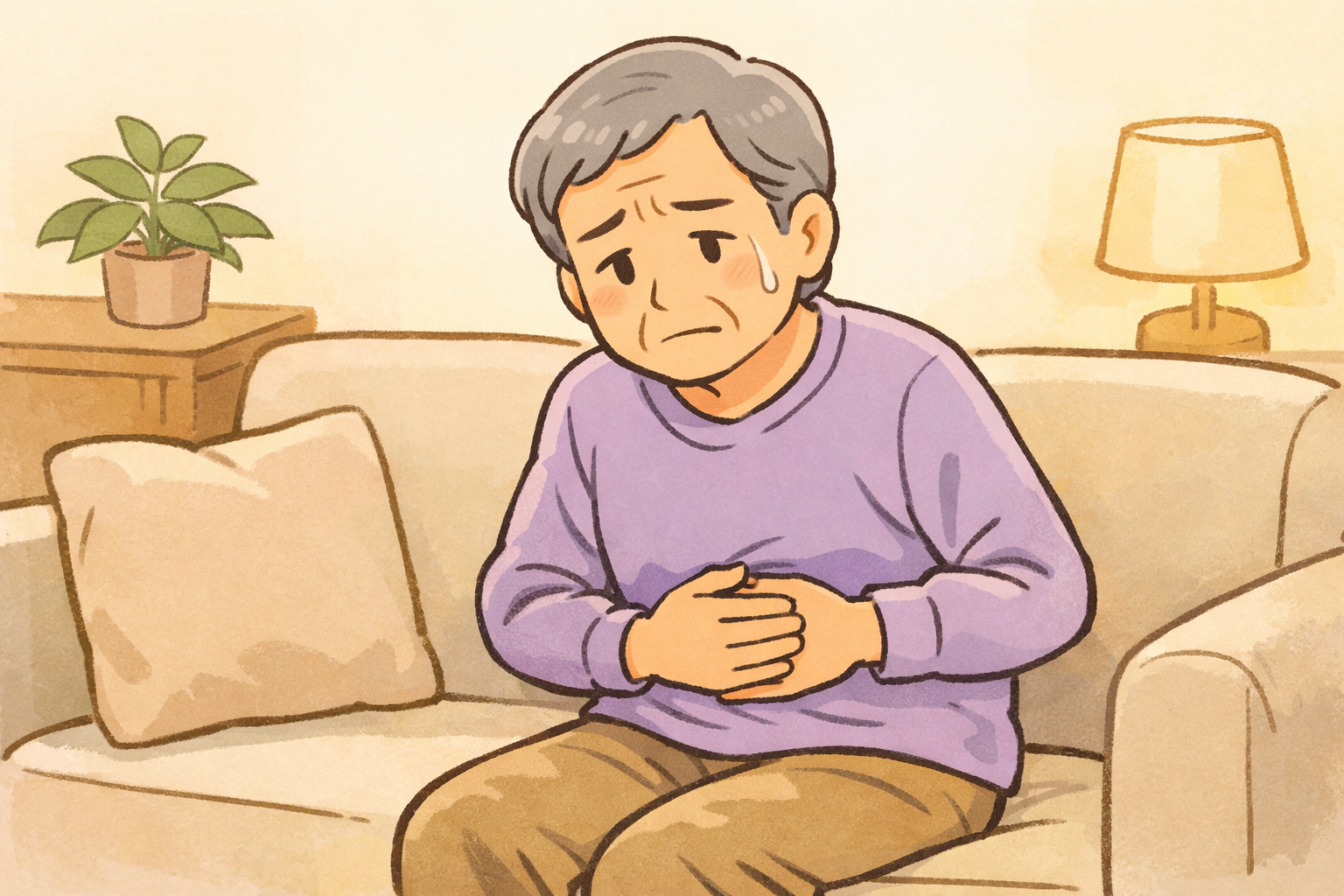 70代の高齢者がソファに座りお腹を押さえながら心配そうな表情をしているイラスト