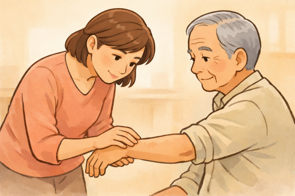 50代の家族が70代の高齢者の腕に塗り薬を塗ってあげている様子のイラスト