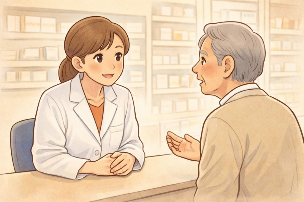 70代の高齢者が薬局カウンターで白衣の薬剤師に胃腸薬について相談している様子のイラスト