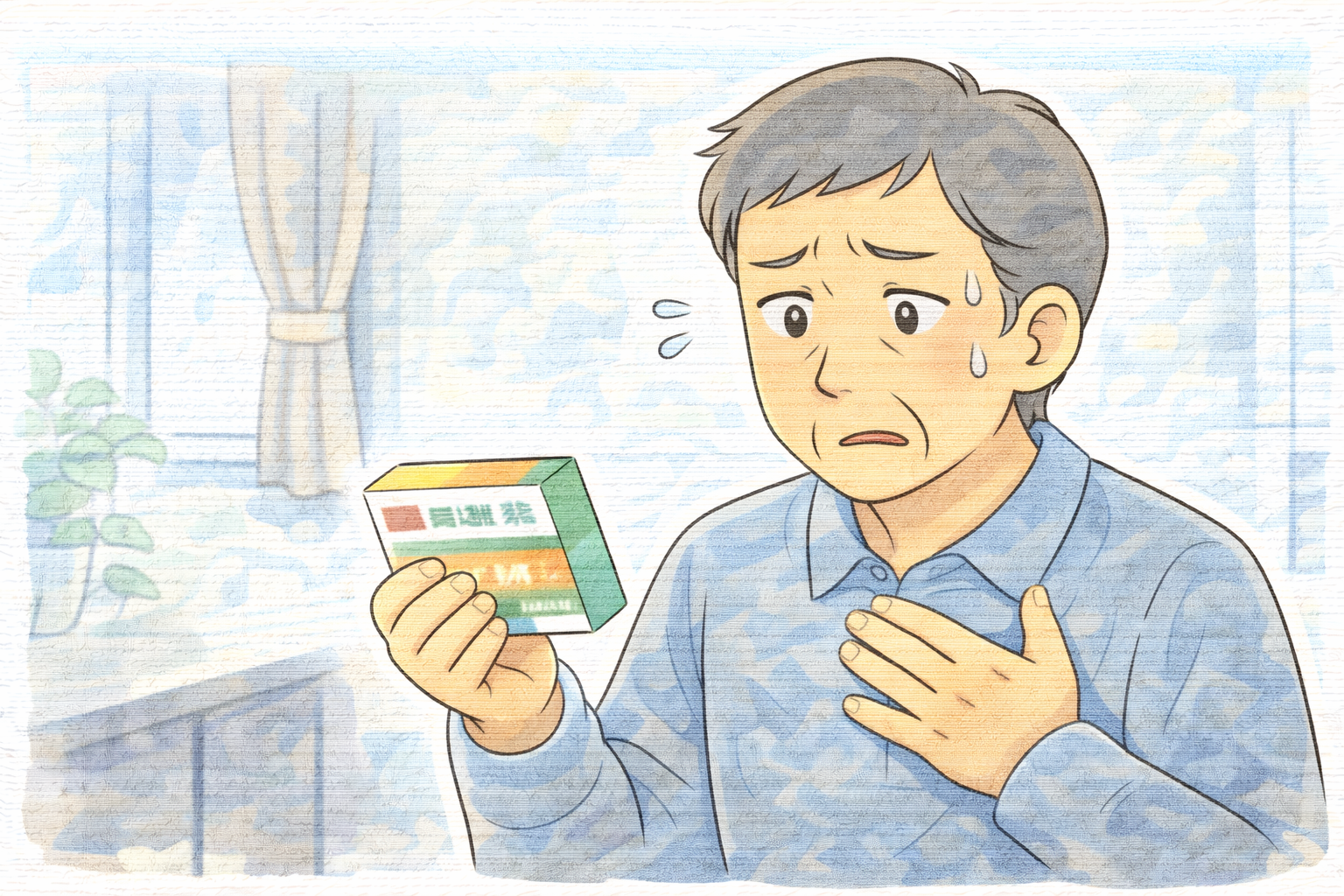 鼻炎薬を飲んで動悸が出た高齢者が胸に手を当てるイラスト