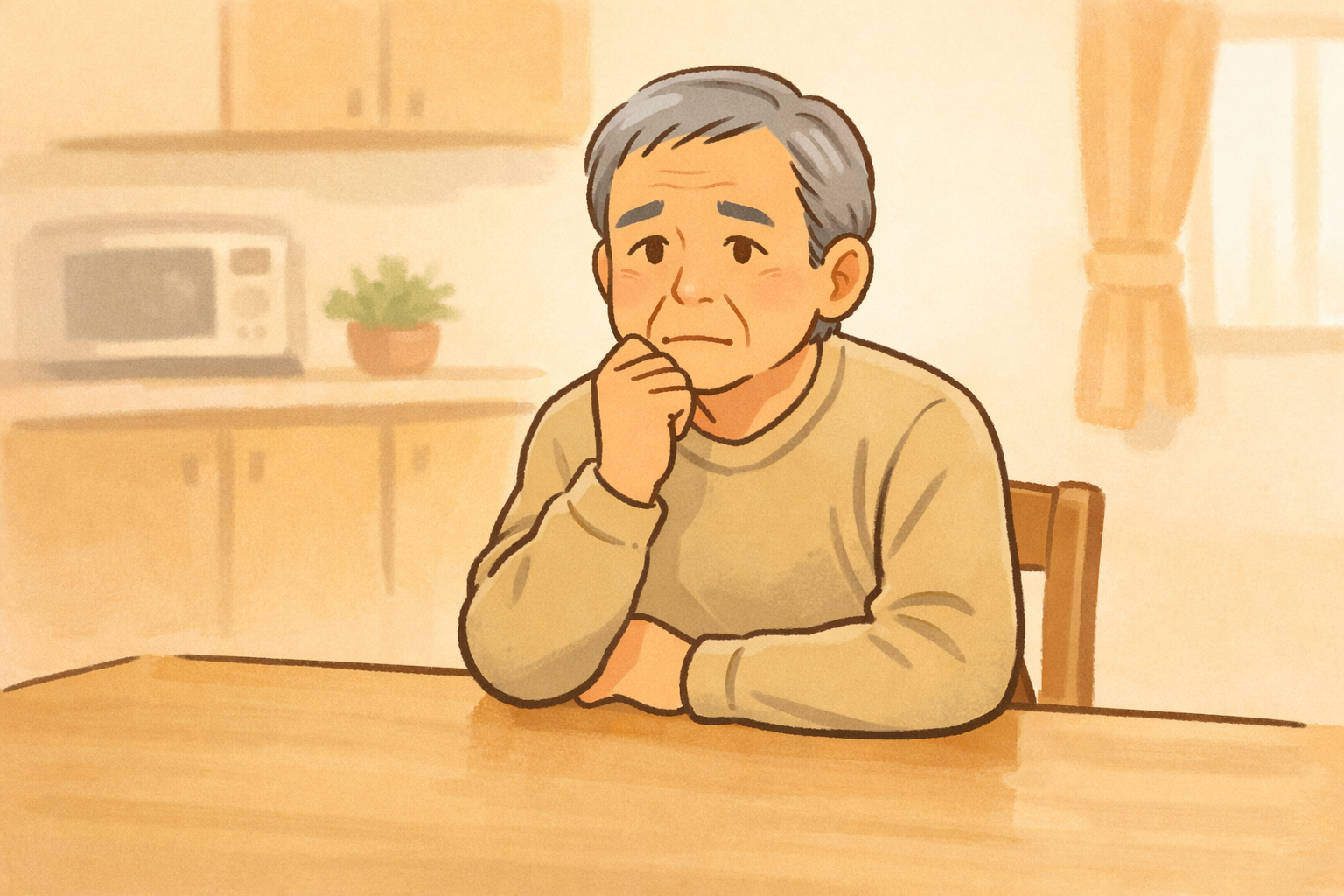 腎機能が低く便秘薬を使ってよいか悩む高齢男性のイラスト