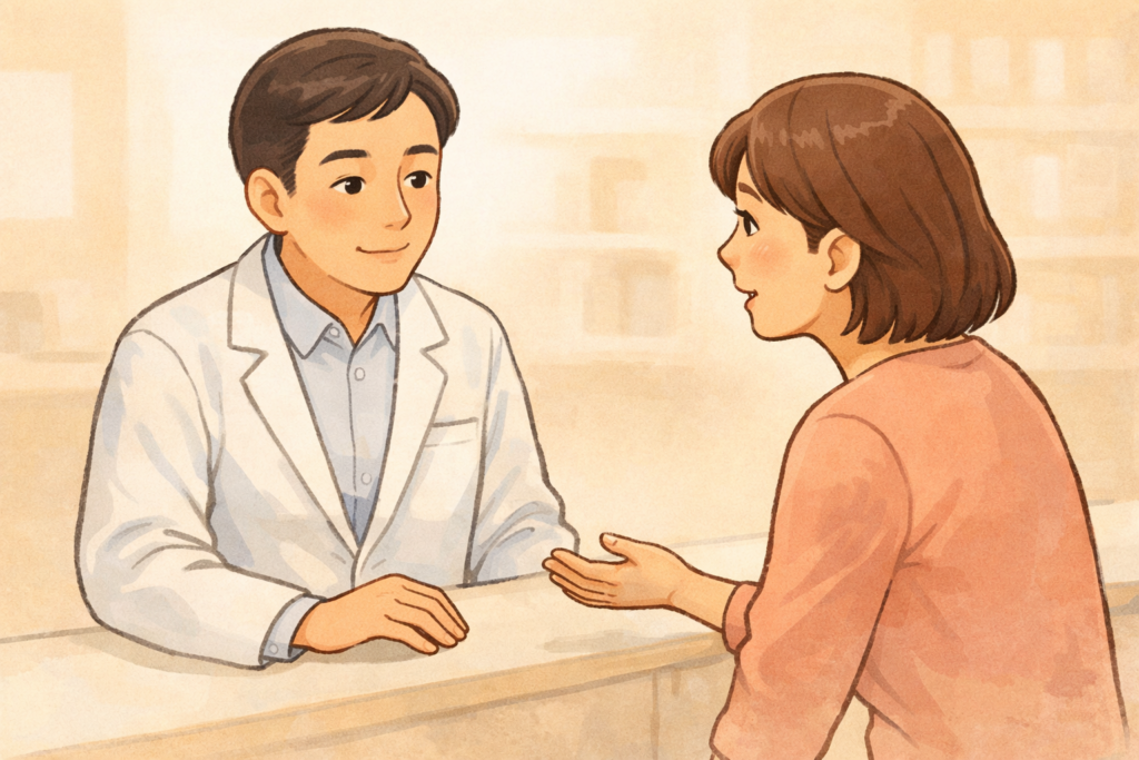 50代の家族が薬局カウンターで白衣の薬剤師に高齢者のかゆみ止め選びについて相談している様子のイラスト