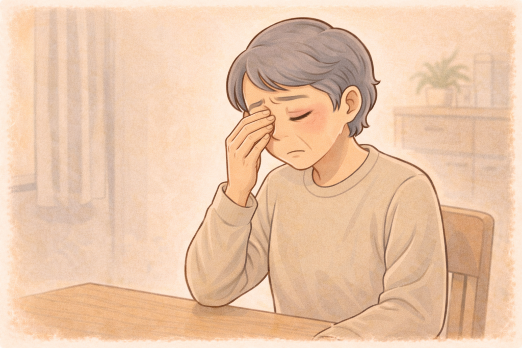 70代の高齢者が目のまわりを押さえながら目の充血やかゆみが続いて困っている様子のイラスト