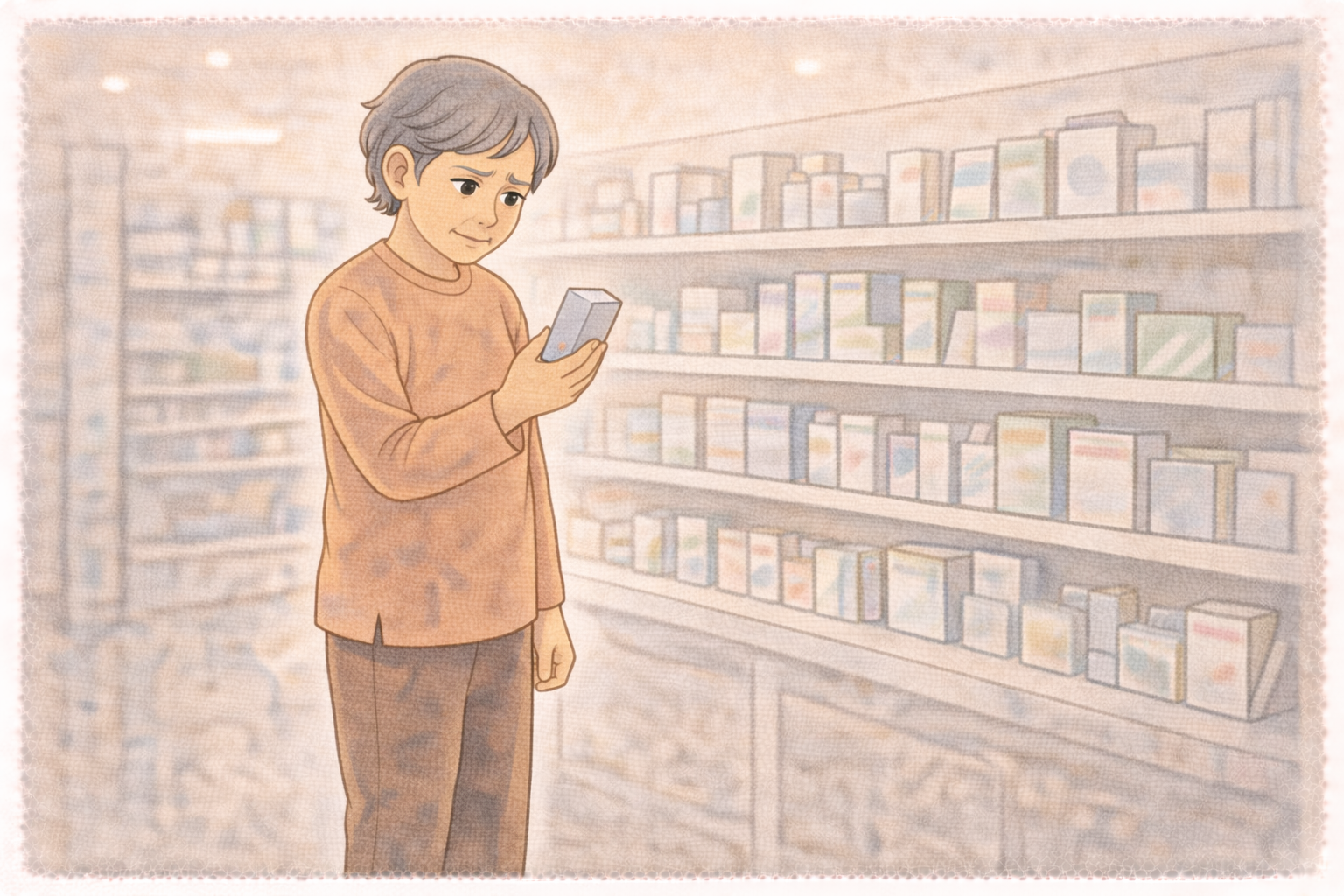 70代の高齢者がドラッグストアで市販の水虫薬を手に取り本当に効くか疑問に思っている全身のイラスト