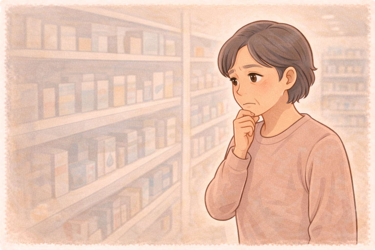 50代の女性がドラッグストアの目薬売り場で高齢の親のためにどの目薬を選ぶか迷っている様子のイラスト