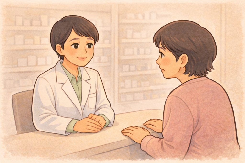 50代の女性が薬局カウンターで白衣の薬剤師に高齢の親のかゆみ止め選びについて相談している様子のイラスト