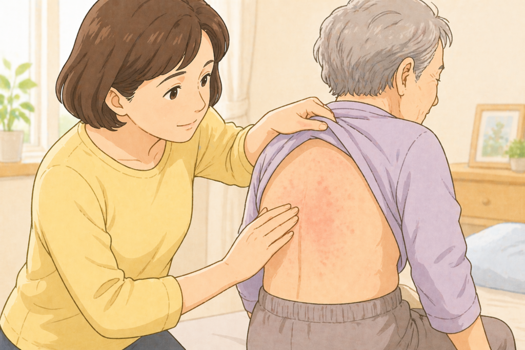 50代の家族が70代の高齢者の背中のあせもの赤みやジュクジュクがないか市販薬を使う前に確認している様子のアップイラスト