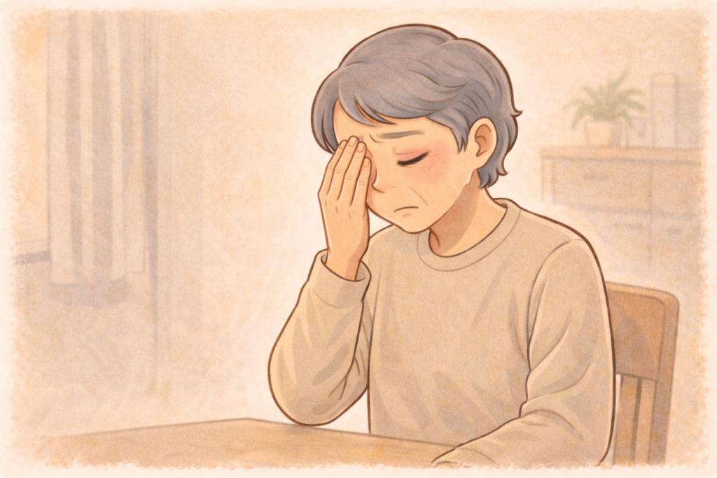 70代の高齢者が椅子に座り片目に手を当てながら自分の目の状態について考えている様子のイラスト