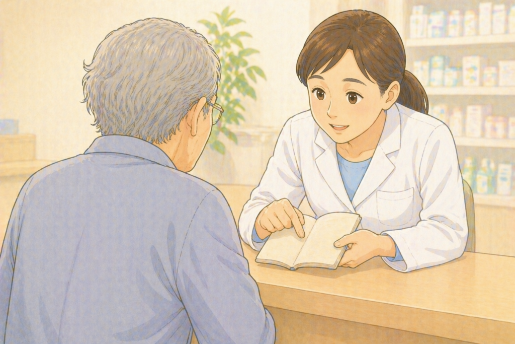 70代の高齢者の背後から白衣の薬剤師がお薬手帳を確認しながら湿布使用中の日焼け対策について説明している様子のイラスト
