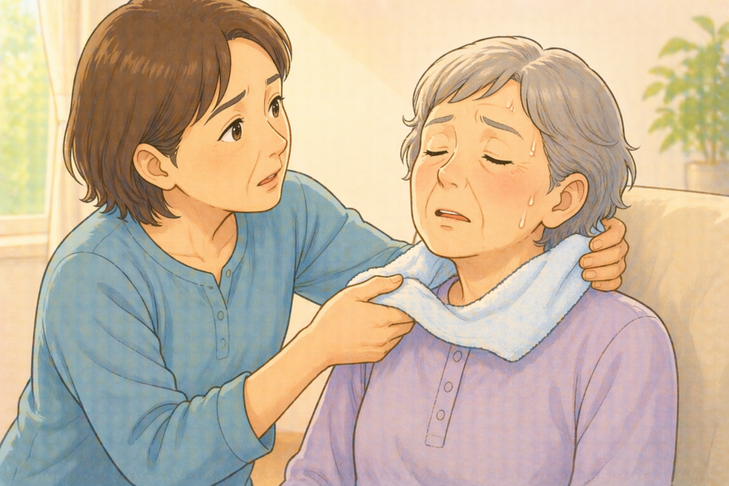 50代の家族が70代の高齢者の首に冷たいタオルを当てて熱中症の応急処置をしている様子のアップイラスト