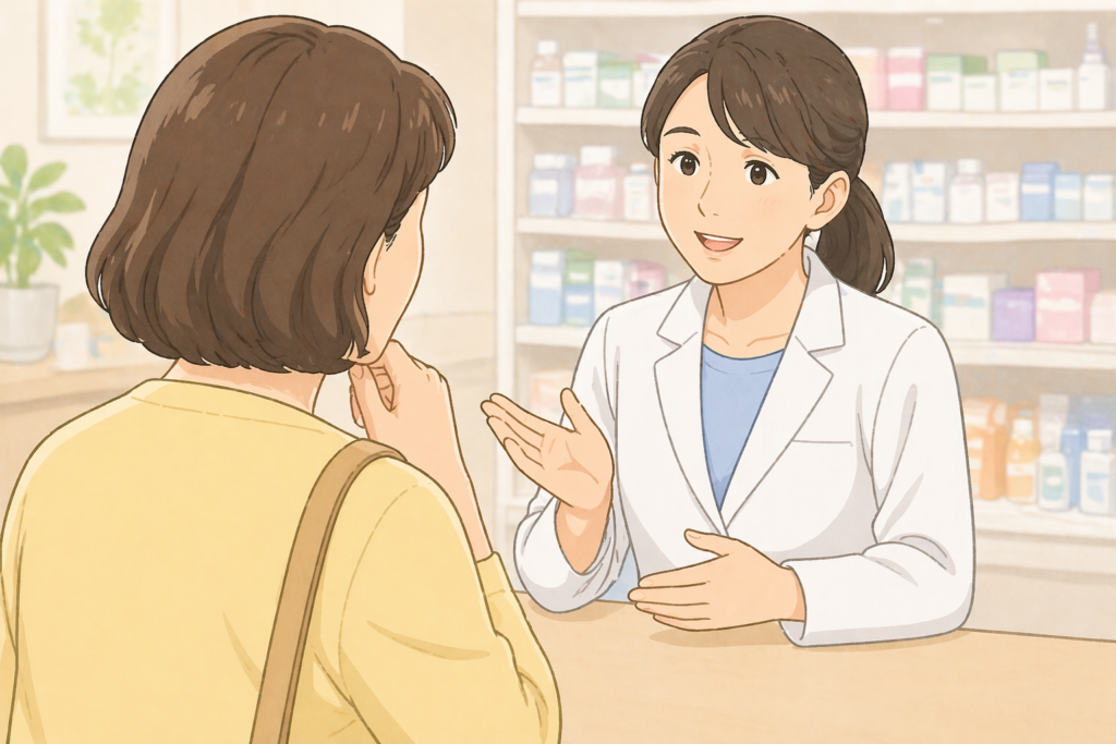 50代の女性の背後から白衣の薬剤師が高齢者のあせもに合った塗り薬の選び方を丁寧に説明している様子のイラスト