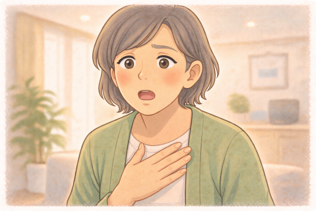50代の女性が家族に深刻な症状が出て緊急性を感じて対応しようとしている様子のアップイラスト