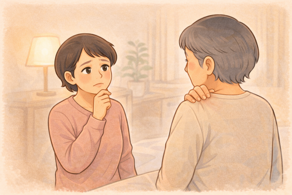 50代の家族が70代の高齢者のかゆみが治まらないことを心配そうに見ているイラスト