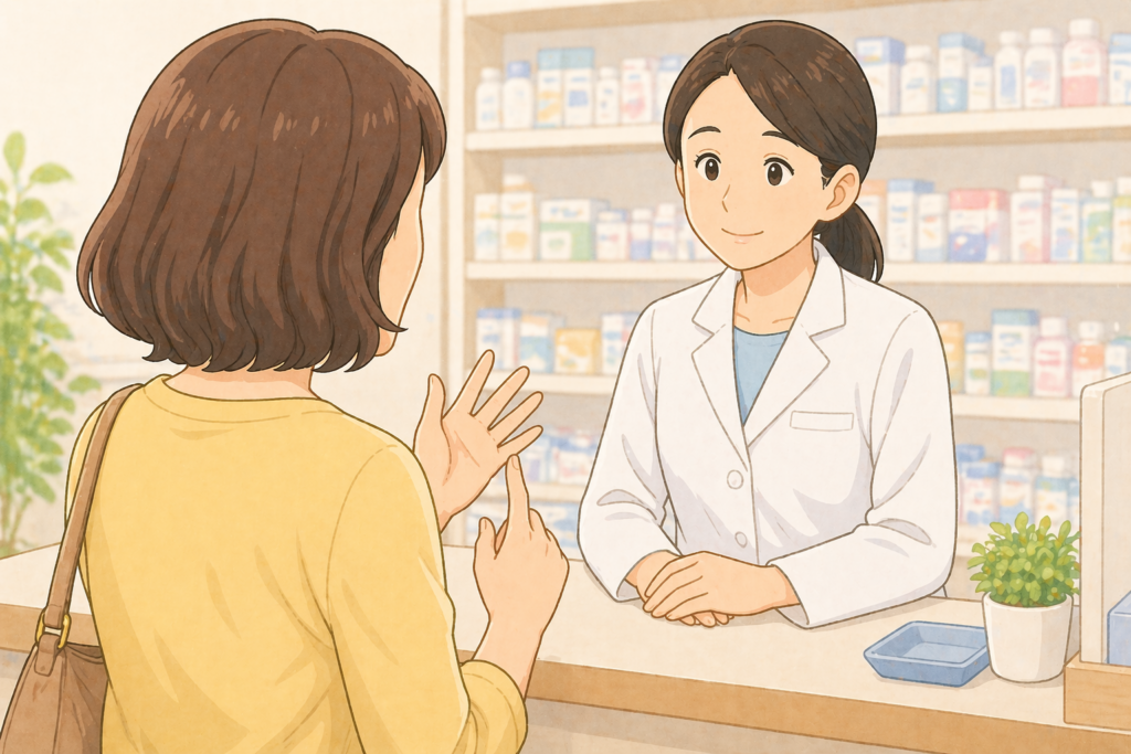 50代の女性の背後から白衣の薬剤師が親のあせもの症状や持病について話を聞きながら塗り薬を選ぶアドバイスをしている様子のイラスト