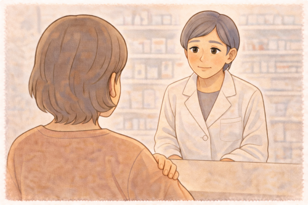 50代の女性の背後から見た構図で白衣の薬剤師が親の虫刺され薬について相談を聞いている様子のイラスト