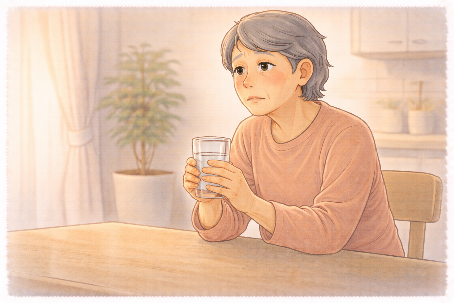 70代の高齢者がキッチンテーブルでグラスを両手で持ちながら心臓の持病を気にして水分をどのくらい飲んでいいか考えている様子のイラスト