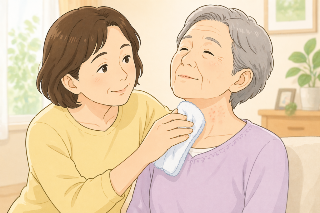 50代の家族が70代の高齢者の首まわりの汗を濡れタオルでやさしく押し拭きしてあせもをケアしている様子のアップイラスト