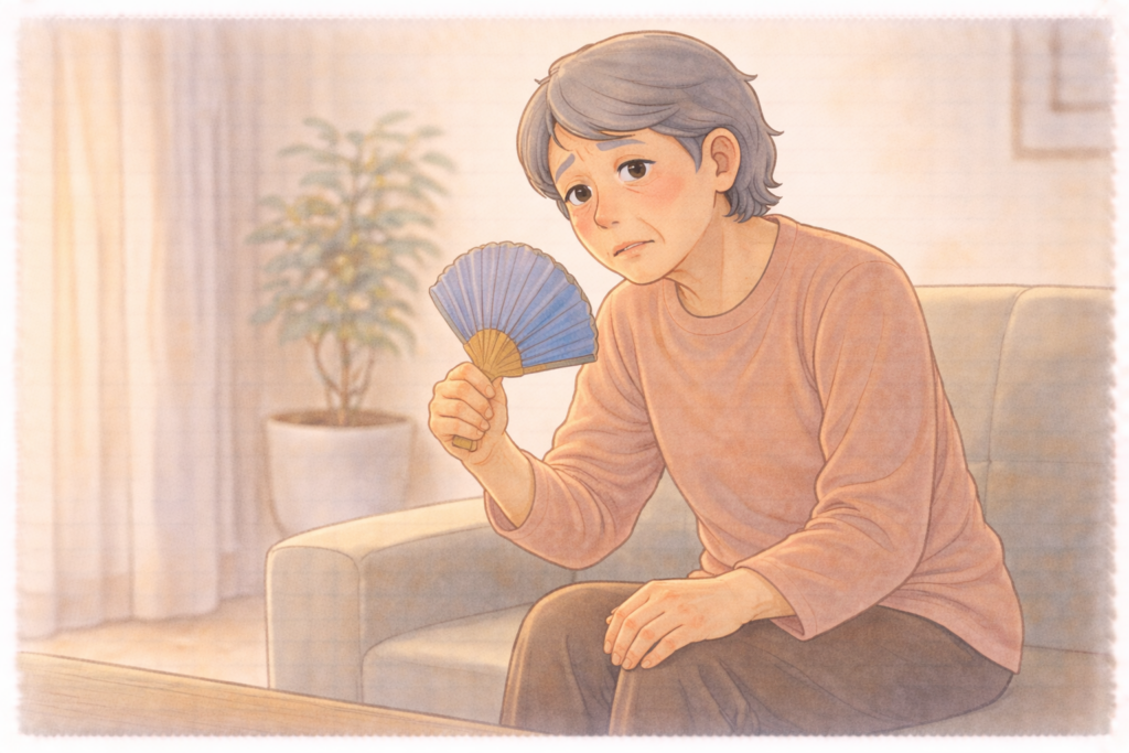70代の高齢者が家で扇いでいるが暑さでぼんやりしており脱水に気づいていない様子のアップイラスト