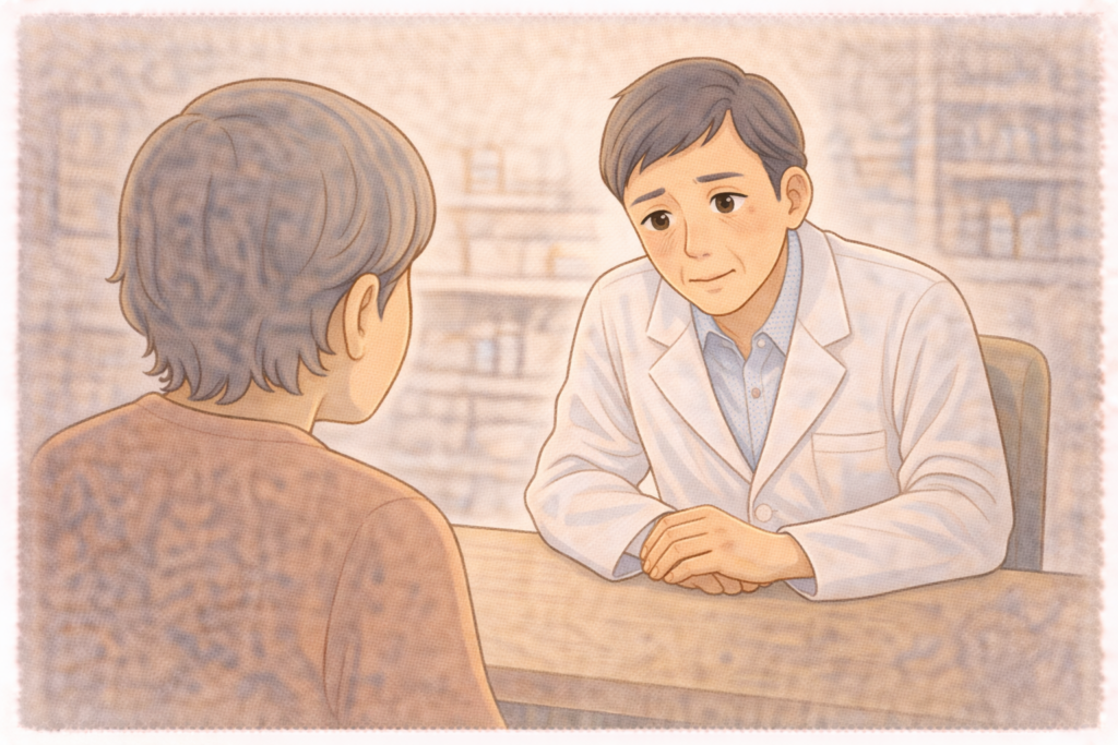 70代の高齢者の背後から白衣の薬剤師が爪白癬は皮膚科受診が必要だと真剣に伝えている様子のイラスト