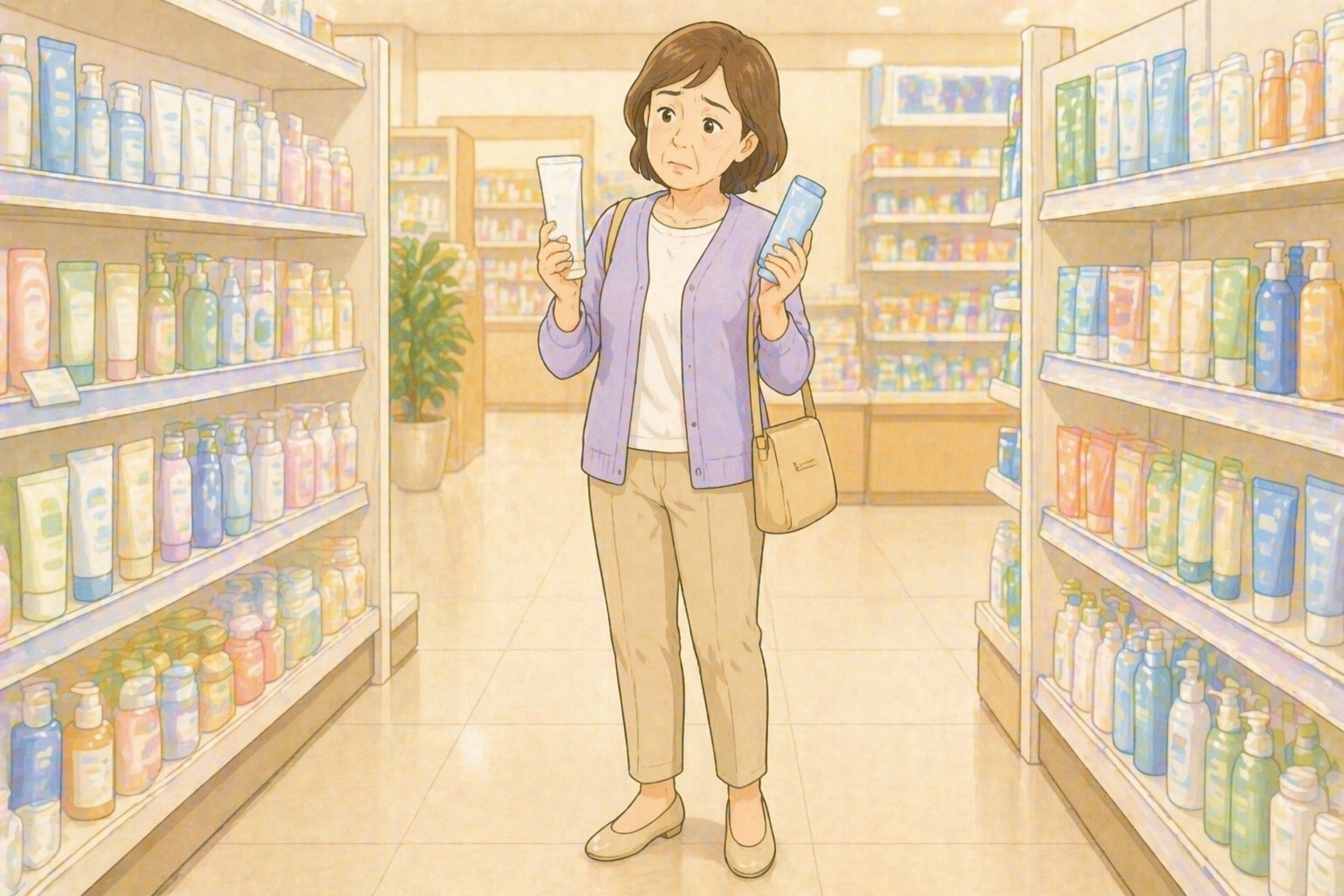 50代の女性がドラッグストアで両手に日焼け止め商品を持ちながら高齢の親のためにどちらを選ぶか比べている全身のイラスト