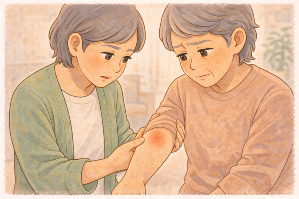 50代の娘が70代の母親の腕の虫刺されの赤みを一緒に確認している様子のアップイラスト