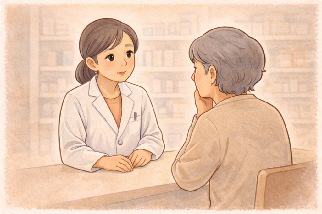 70代の高齢者が薬局カウンターで白衣の薬剤師に緑内障があることを伝えながら目薬の選び方を相談している様子のイラスト