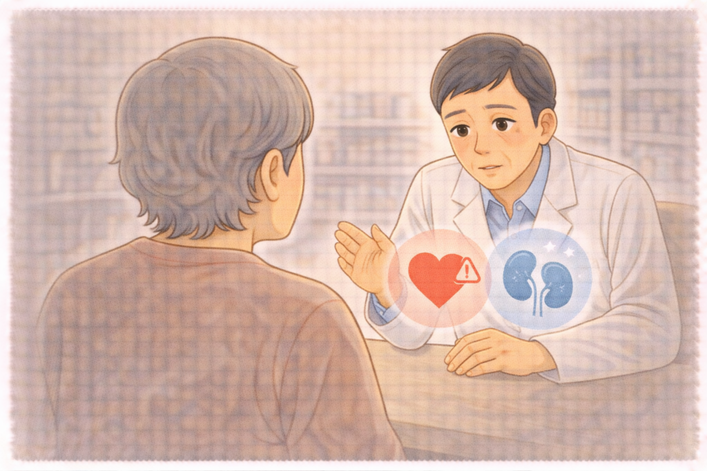 70代の高齢者の背後から白衣の薬剤師が持病がある場合の経口補水液の飲みすぎに注意するよう丁寧に説明している様子のイラスト
