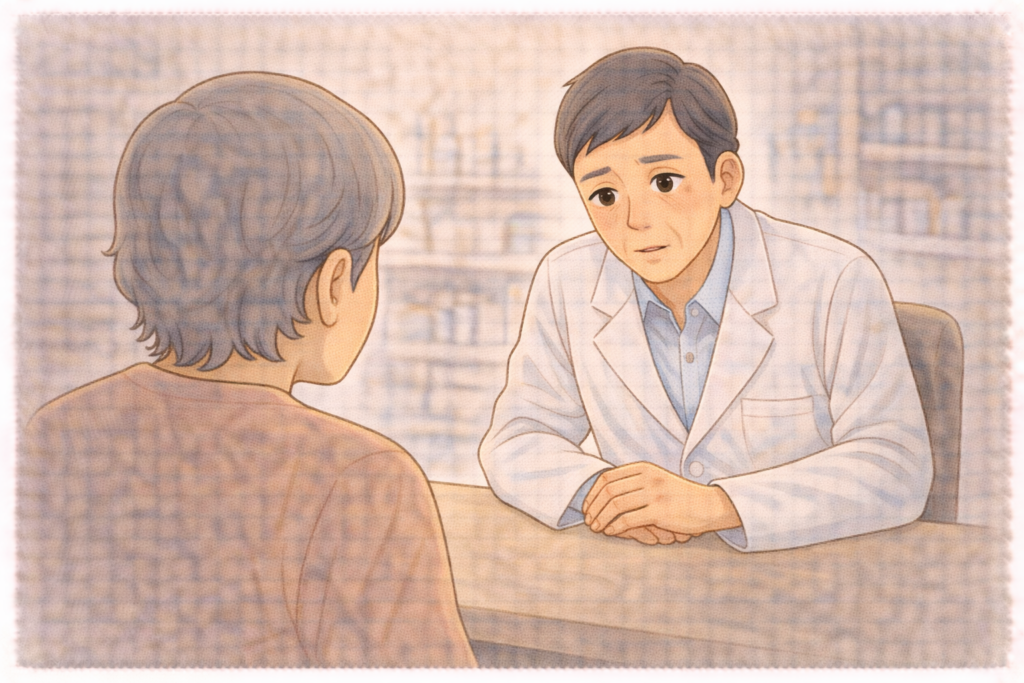 70代の高齢者の背後から白衣の薬剤師が糖尿病と足の症状について真剣に話を聞きながらアドバイスしている様子のイラスト