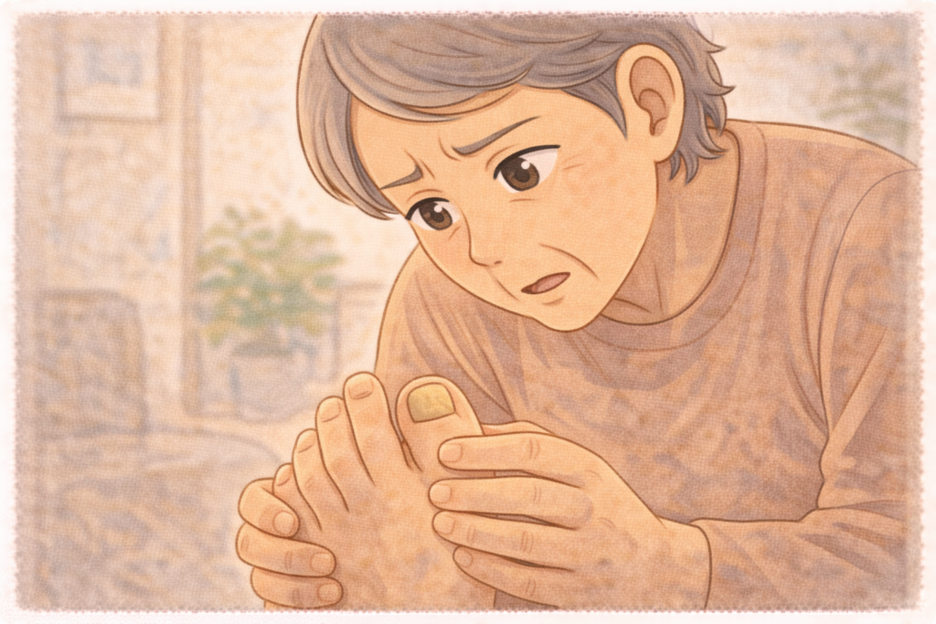 70代の高齢者が家で椅子に座り自分の足の爪の変色や変形を心配そうに確認している様子のアップイラスト