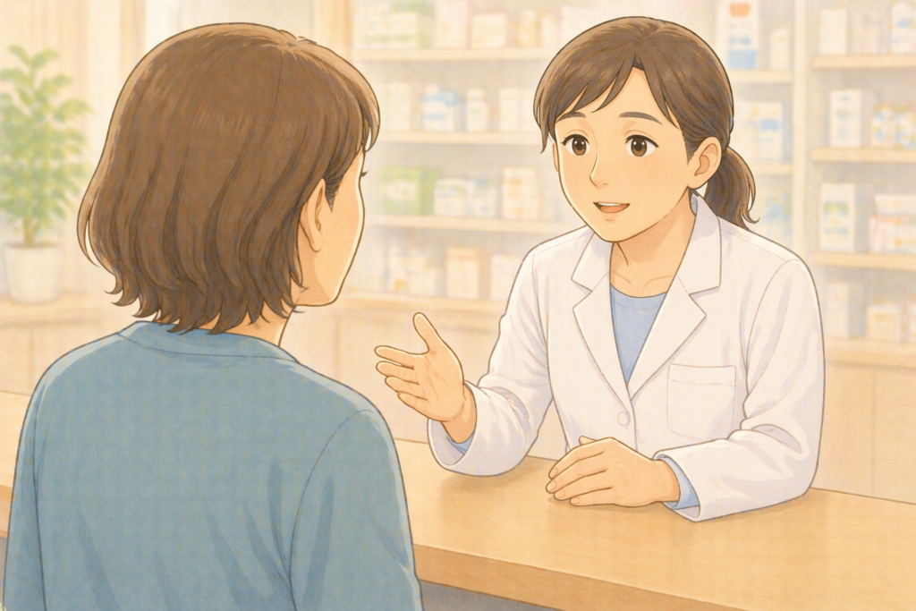 50代の家族の背後から白衣の薬剤師が高齢の親の熱中症症状について受診が必要かを一緒に確認している様子のイラスト