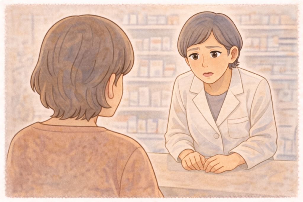 50代の家族の背後から白衣の薬剤師が虫刺されの症状について受診が必要か真剣にアドバイスしている様子のイラスト