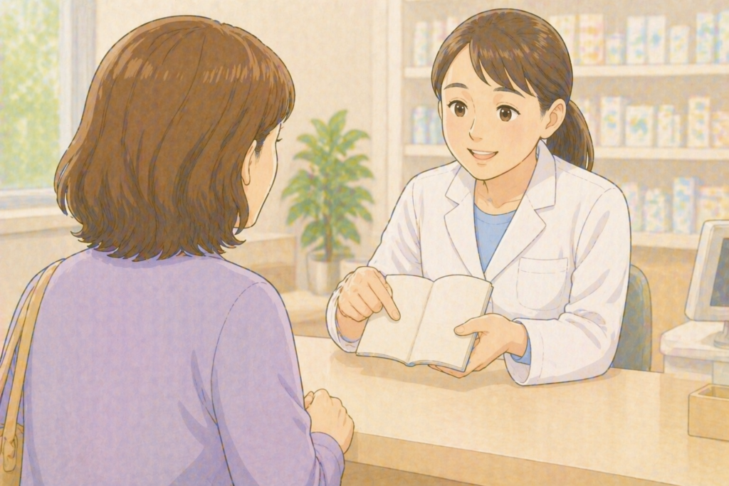 50代の女性の背後から白衣の薬剤師が湿布を使っている親に合った日焼け止めの選び方をお薬手帳を見ながら説明している様子のイラスト