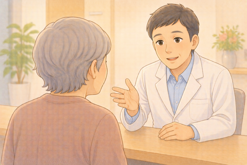 70代の高齢者の背後から白衣の医師か薬剤師が夏前の水分管理について確認ポイントを丁寧に説明している様子のイラスト