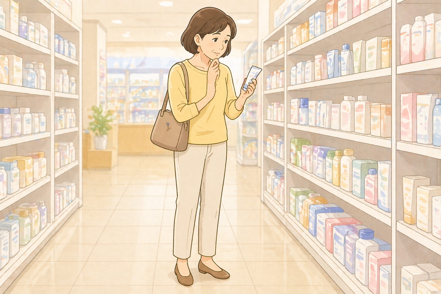 50代の女性がドラッグストアで高齢の親のためにあせも薬の成分を確認しながら選んでいる全身のイラスト