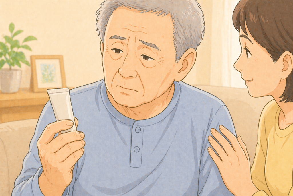 70代の高齢者が糖尿病の持病を気にしながら市販の塗り薬を使っていいか迷っている様子のアップイラスト