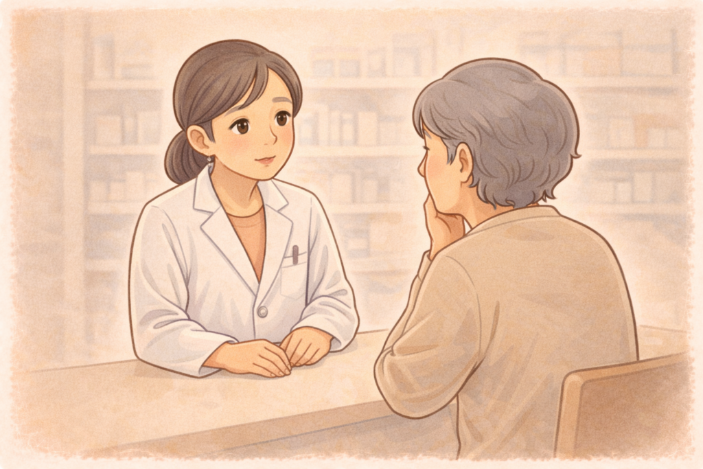 70代の高齢者が薬局カウンターで白衣の薬剤師に目薬の選び方について相談している様子のイラスト