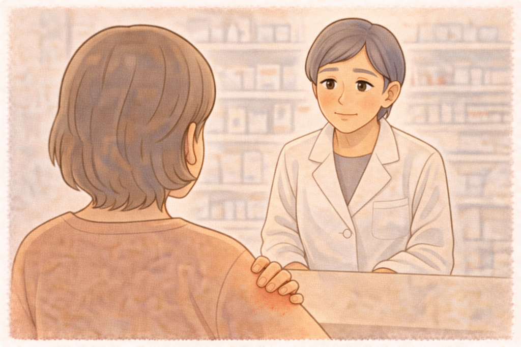 50代の家族の背後から見た構図で白衣の薬剤師が虫刺され薬について相談を聞いている様子のイラスト