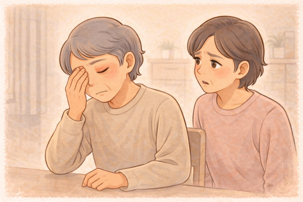 70代の高齢者が目のまわりを押さえて困っている様子を50代の家族が心配そうに見守っているイラスト
