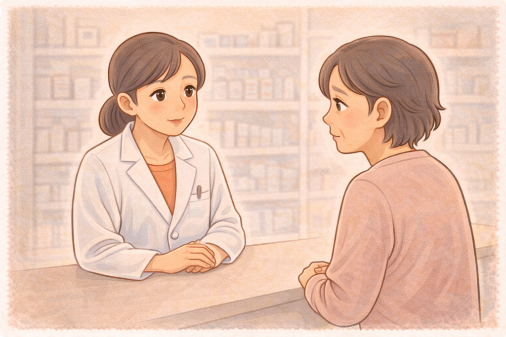 50代の女性が薬局カウンターで白衣の薬剤師に高齢の親の目薬選びについて相談している様子のイラスト