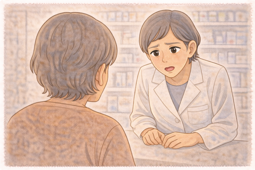 70代の高齢者の背後から見た構図で白衣の薬剤師が爪の変化について受診が必要かを真剣にアドバイスしている様子のイラスト